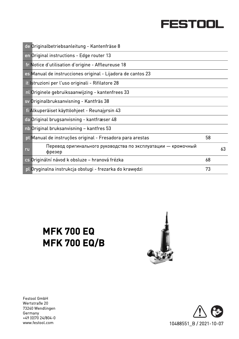 Page 1 de la notice Manuel utilisateur Festool MFK 700 EQ/B