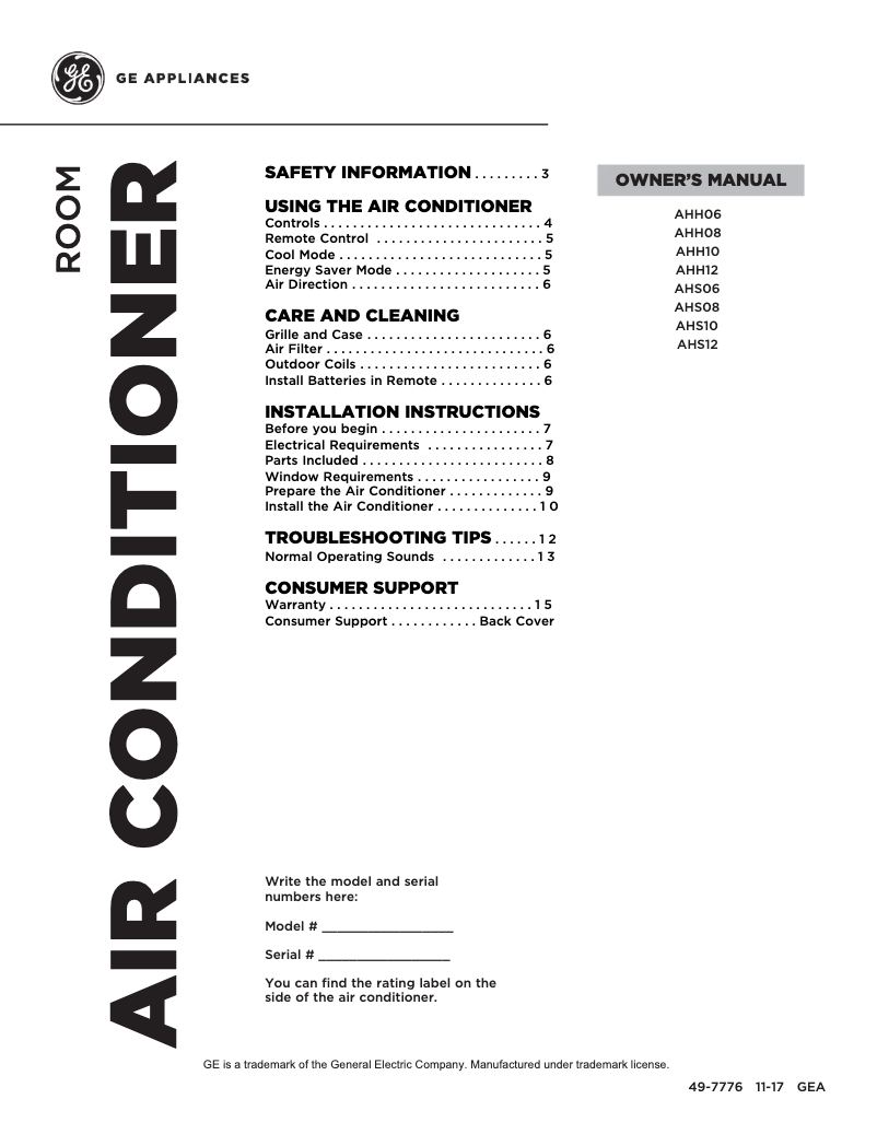 Page n°1 - Manuel d'utilisation et d'entretien GE AHS06LX