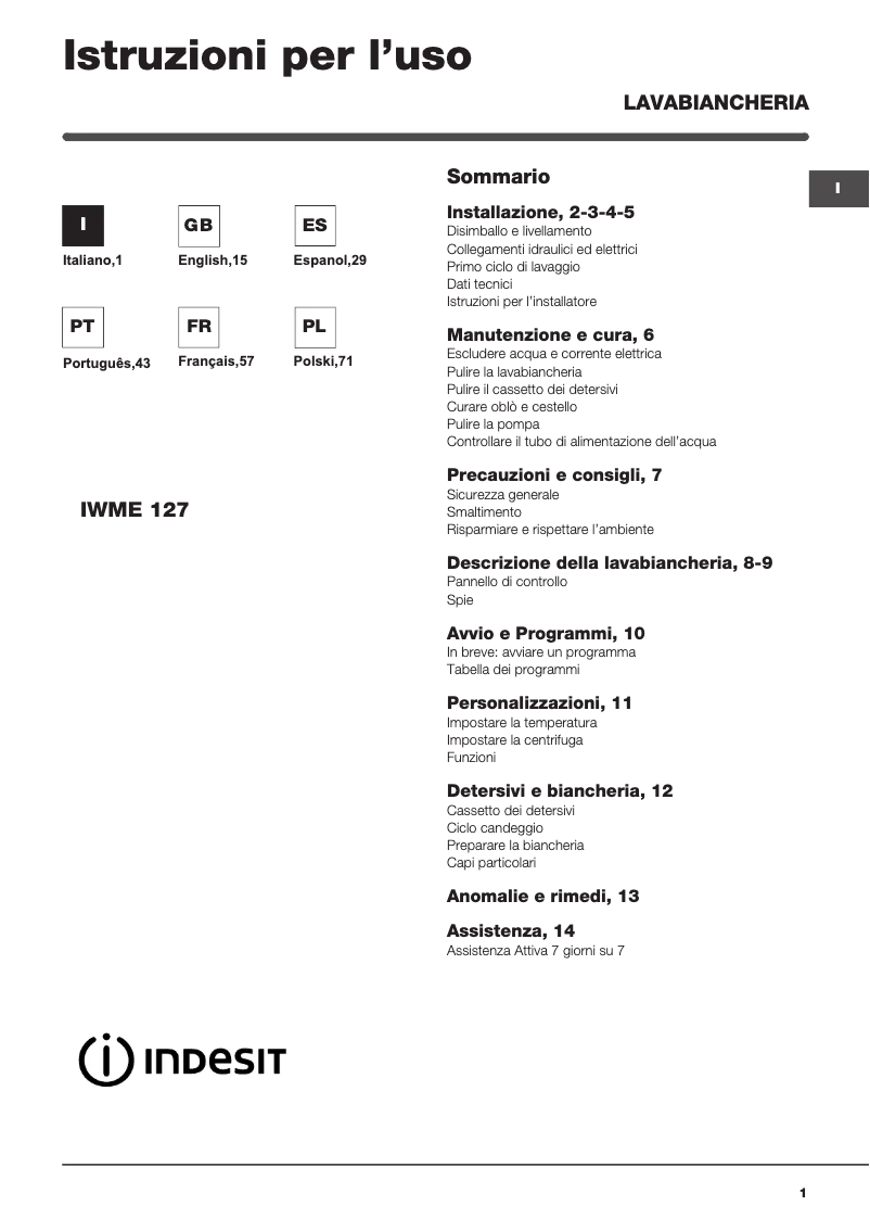 Page n°1 - Manuel utilisateur Indesit IWME 127