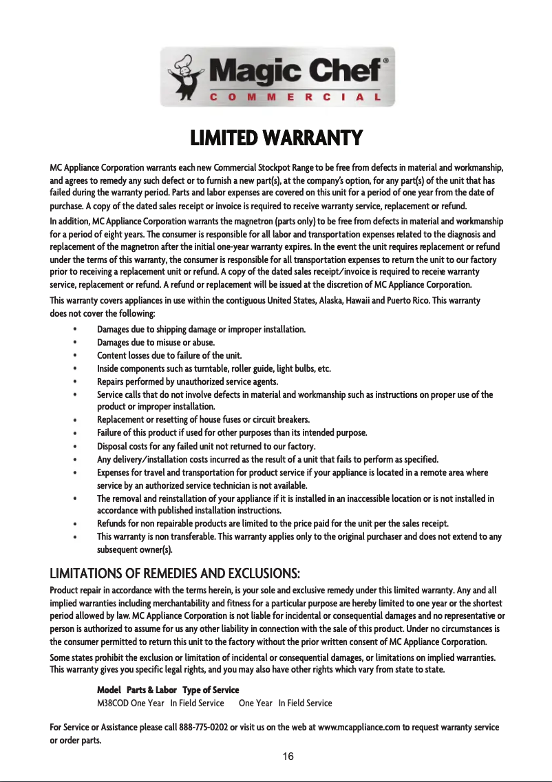 Page 1 de la notice Informations de garantie Magic Chef M38COD