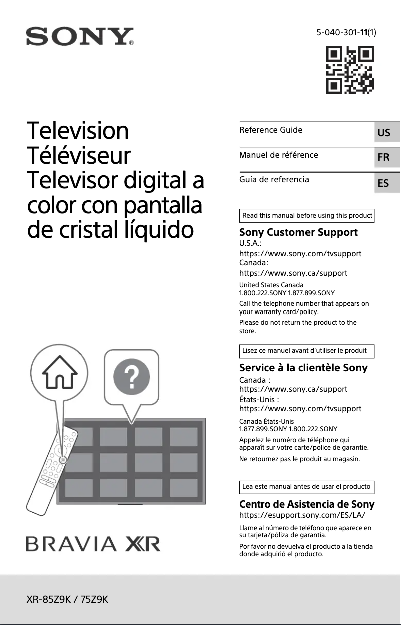 Image de la première page du manuel de l'appareil Bravia XR-85Z9K