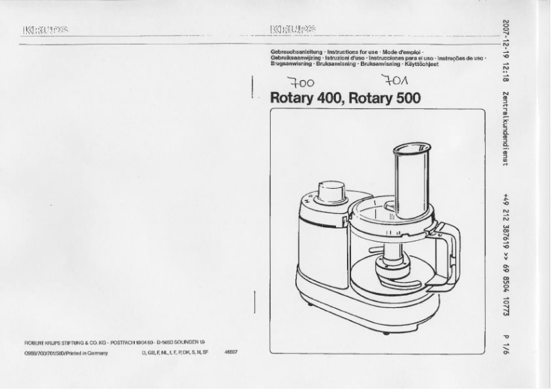 Page n°1 - Manuel utilisateur Krups Rotary 500
