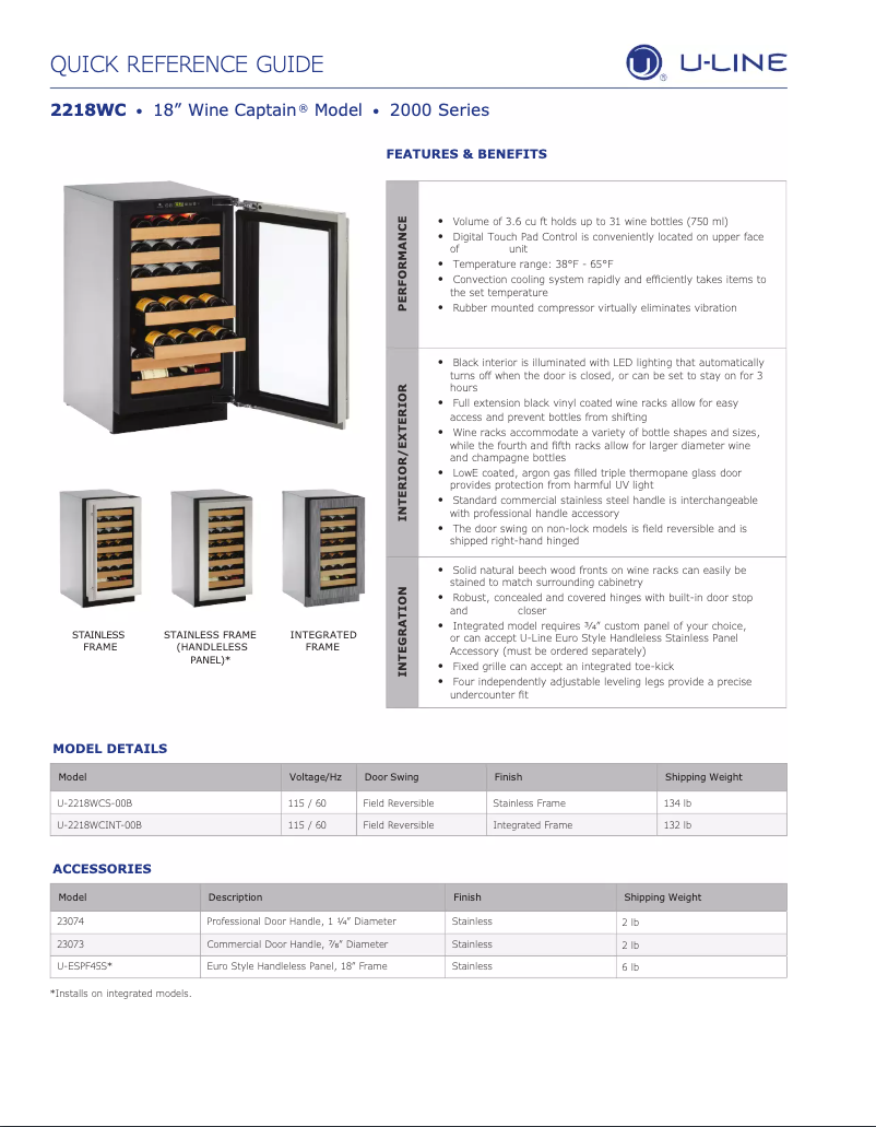 Page n°1 - Fiche technique U-Line U-2218WCINT-00B