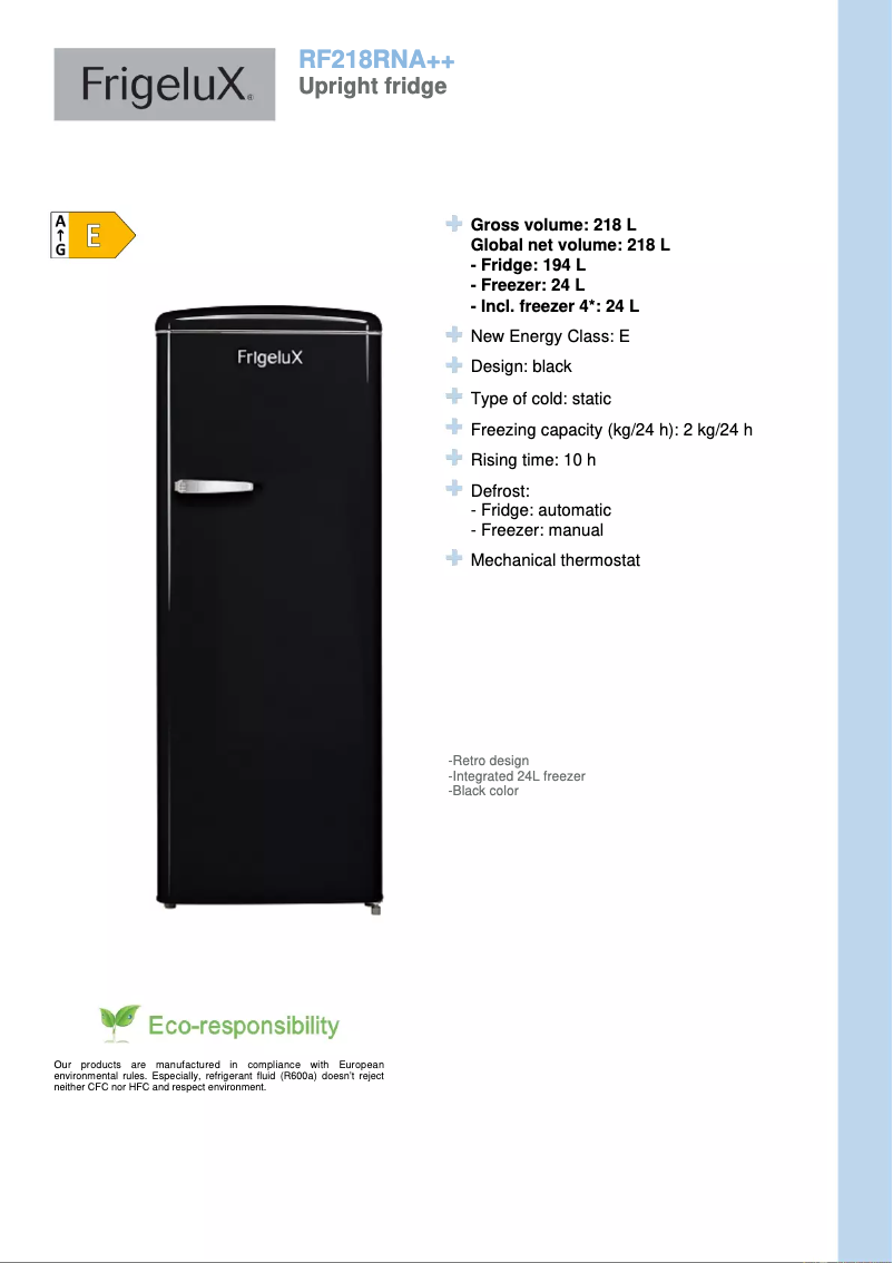 Page n°1 - Fiche technique FrigeluX RF218RNA++
