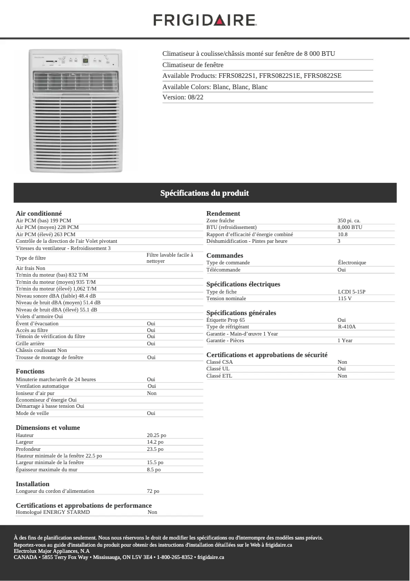 Page 1 de la notice Fiche technique Frigidaire FFRS0822SE