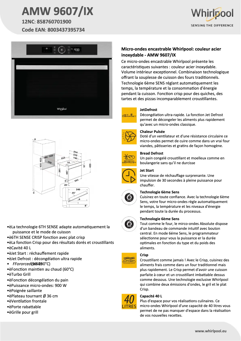 Page 1 de la notice Fiche technique Whirlpool AMW 9607/IX