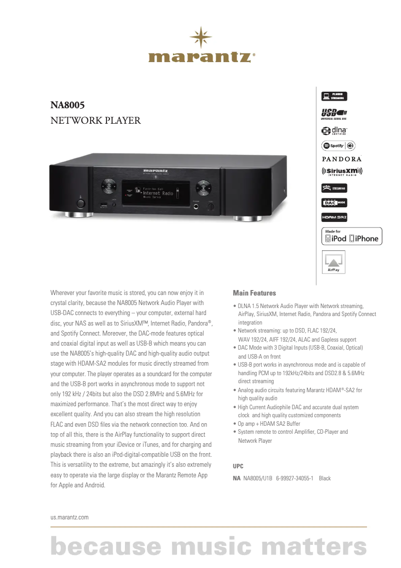 Page 1 de la notice Fiche technique Marantz NA8005