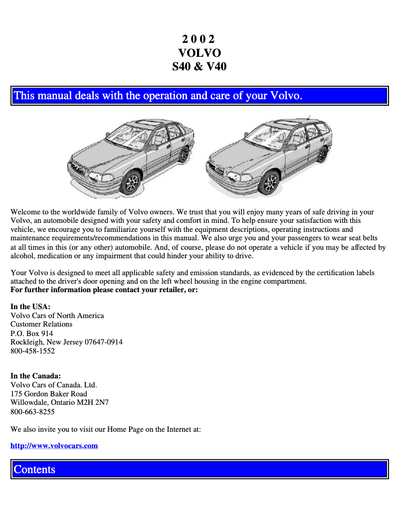 Page 1 de la notice Manuel utilisateur Volvo S40 (2002)