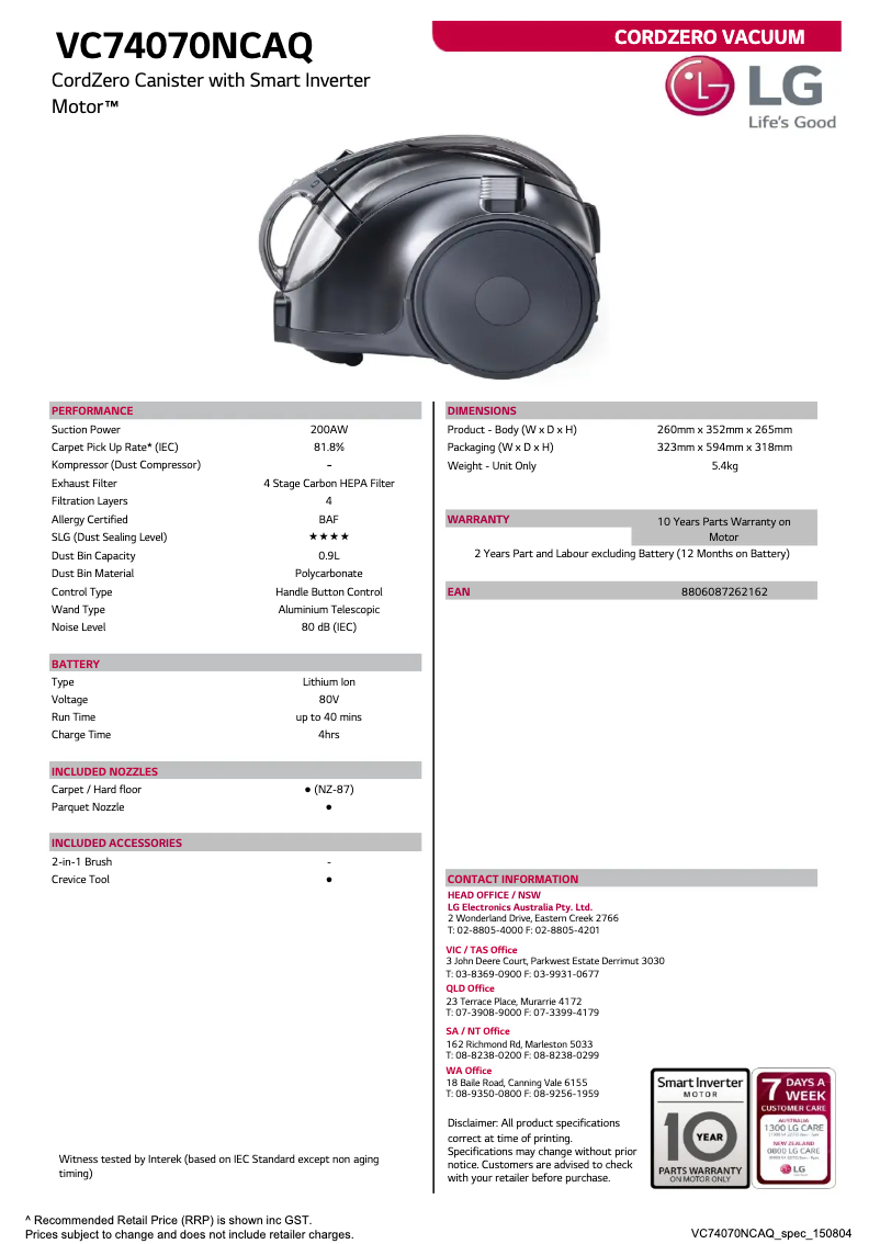 Image de la première page du manuel de l'appareil VC74070NCAQ