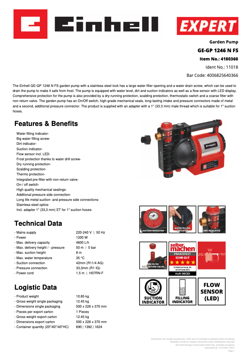 Page n°1 - Fiche technique Einhell GE-GP 1246 N FS