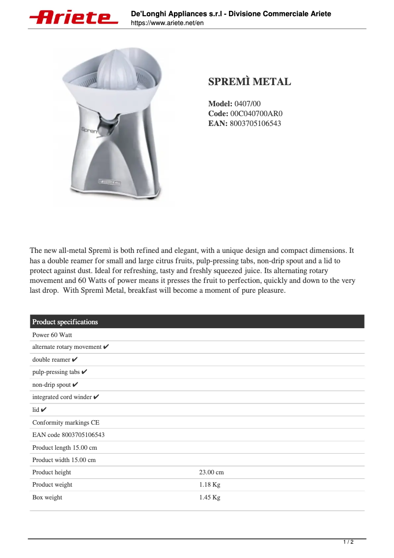 Image de la première page du manuel de l'appareil Spremì Metal 407