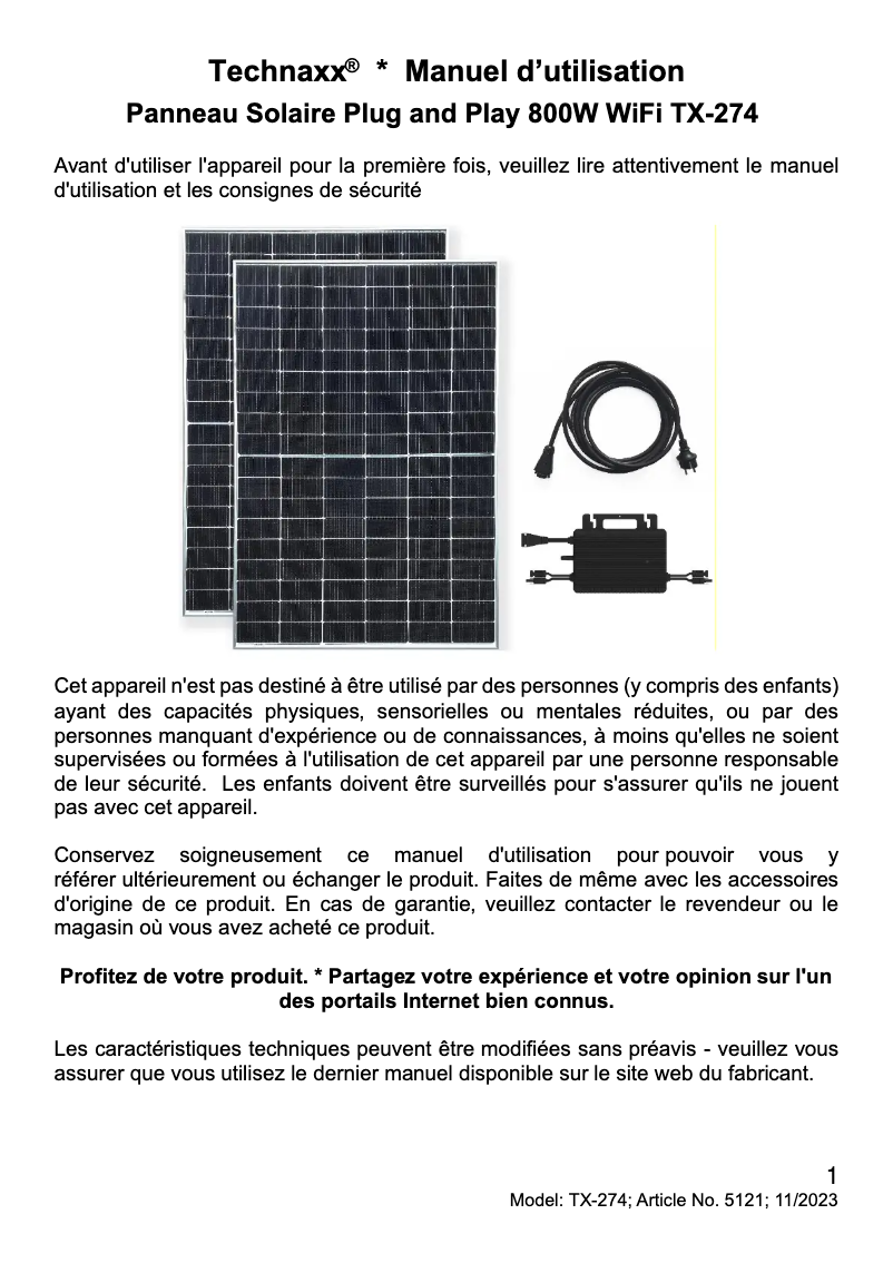 Page n°1 - Manuel utilisateur Technaxx TX-274