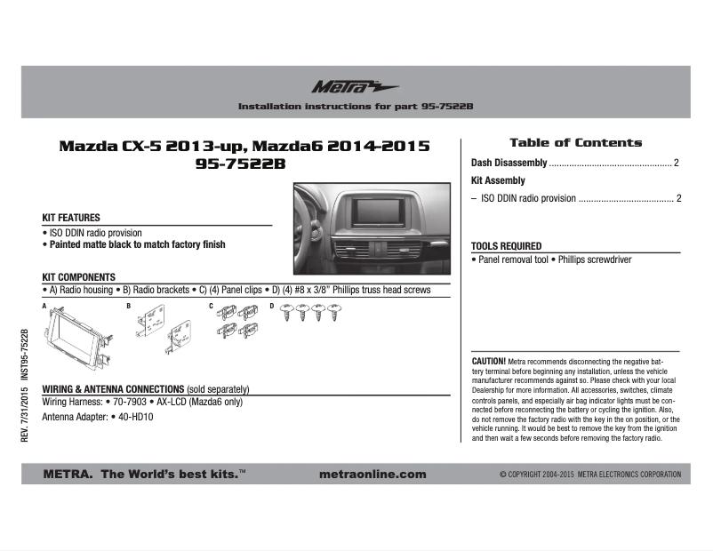 Page n°1 - Manuel utilisateur Metra 95-7522B