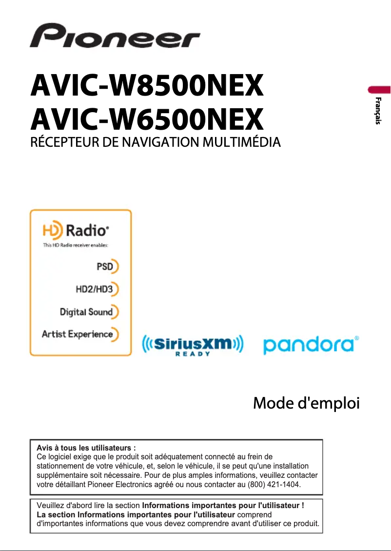 Image de la première page du manuel de l'appareil AVIC-W8500NEX