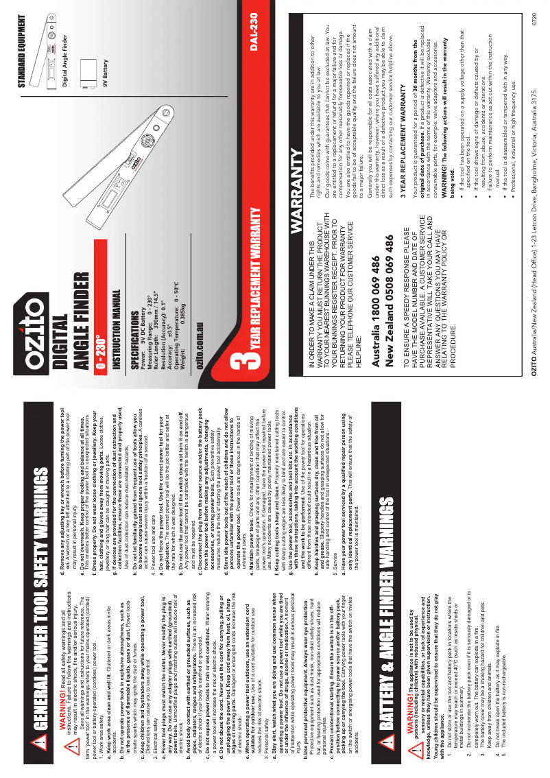 Page 1 de la notice Manuel utilisateur Ozito DAL-230