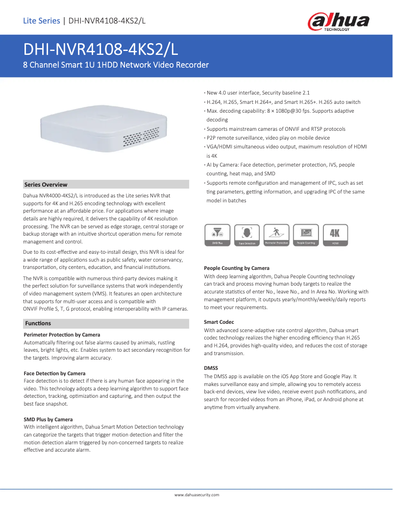 Page n°1 - Fiche technique Dahua Technology NVR4108-4KS2/L
