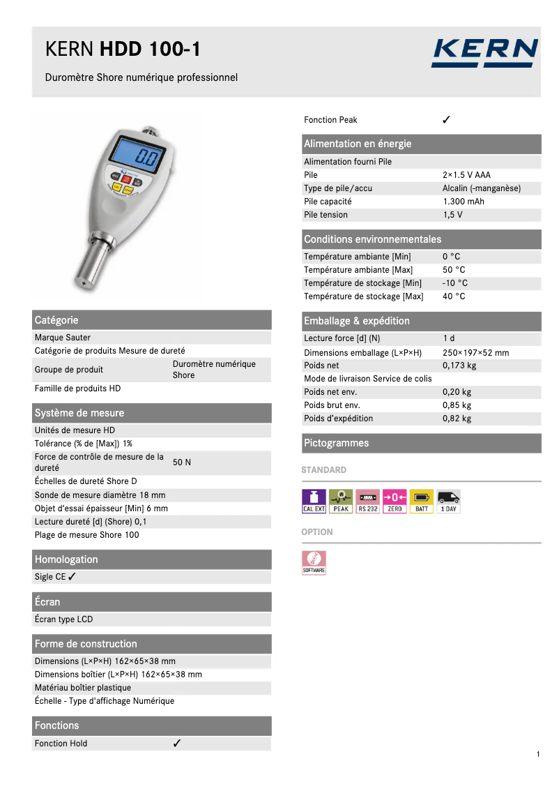 Page 1 de la notice Fiche technique Kern HDD 100-1