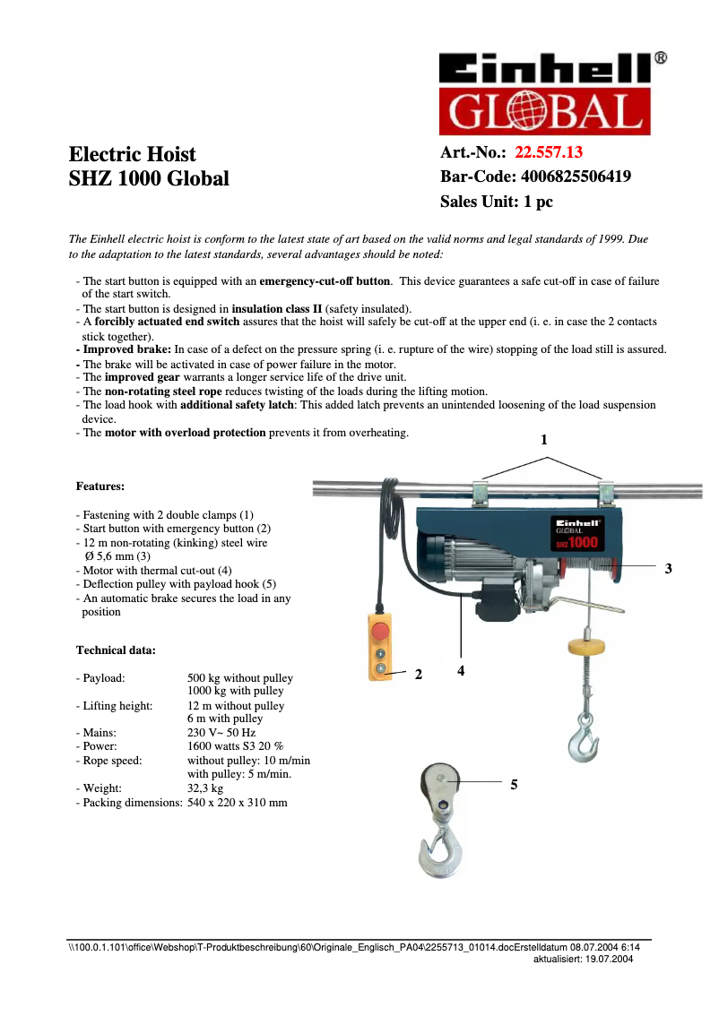 Page 1 de la notice Fiche technique Global SHZ 1000