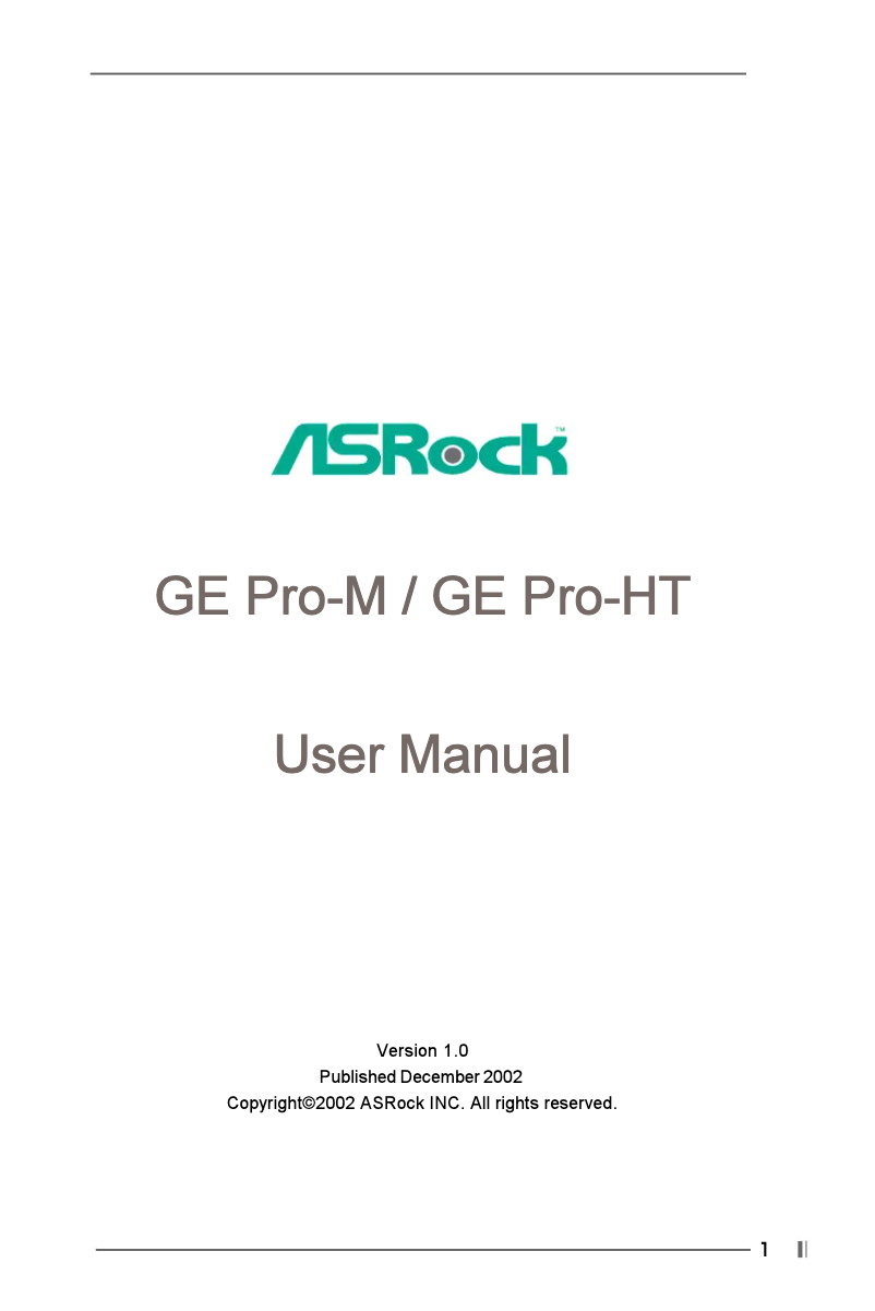 Page 1 of the manual User Manual Asrock GE PRO-HT