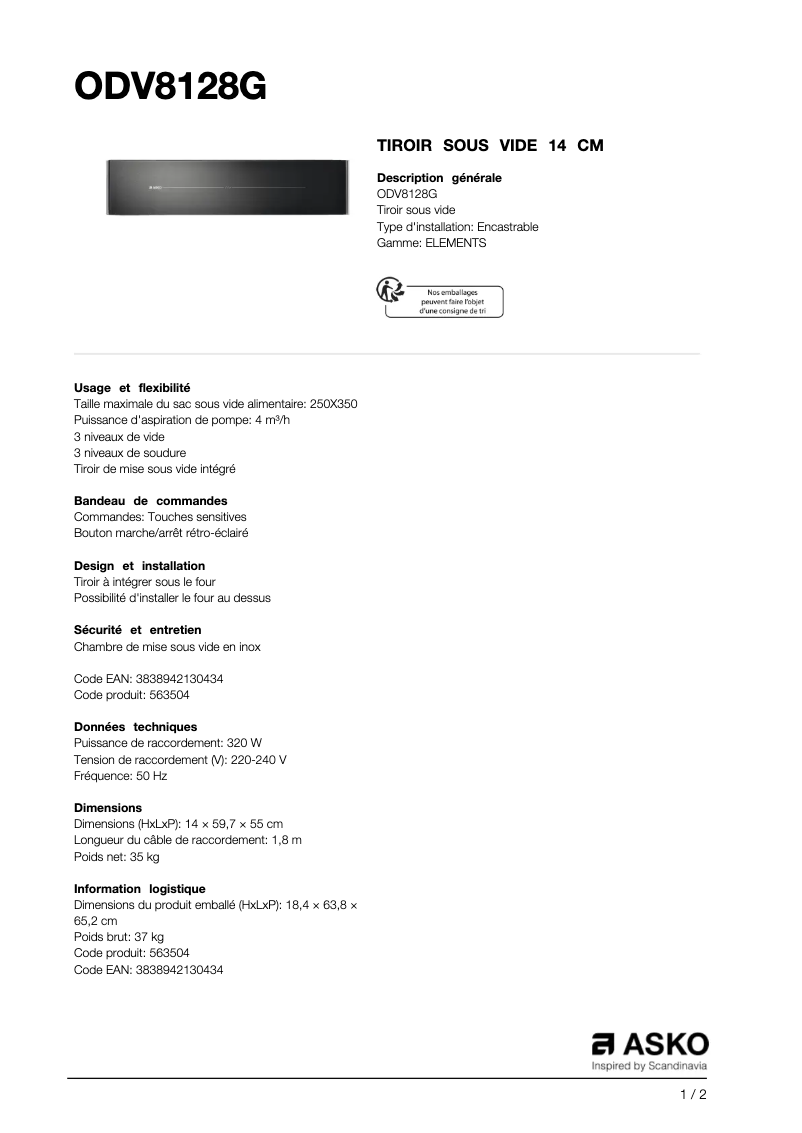 Page 1 de la notice Fiche technique Asko ODV8128G