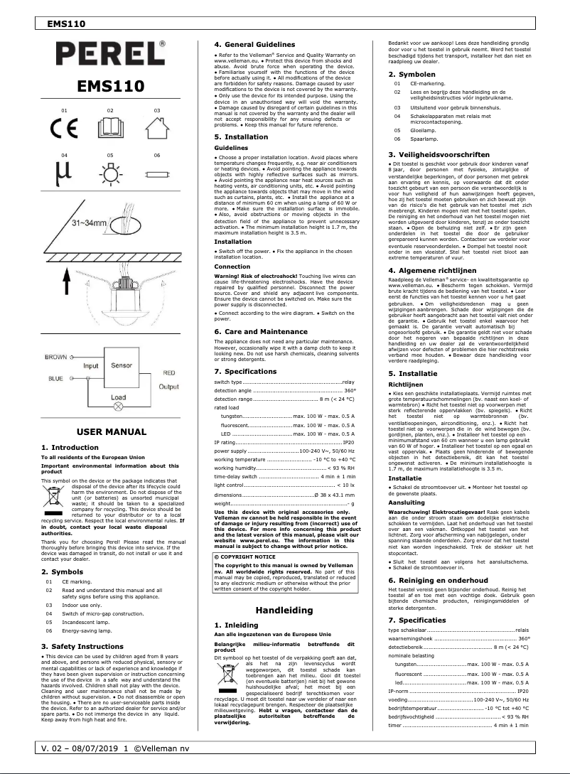Page 1 de la notice Manuel utilisateur Perel EMS110
