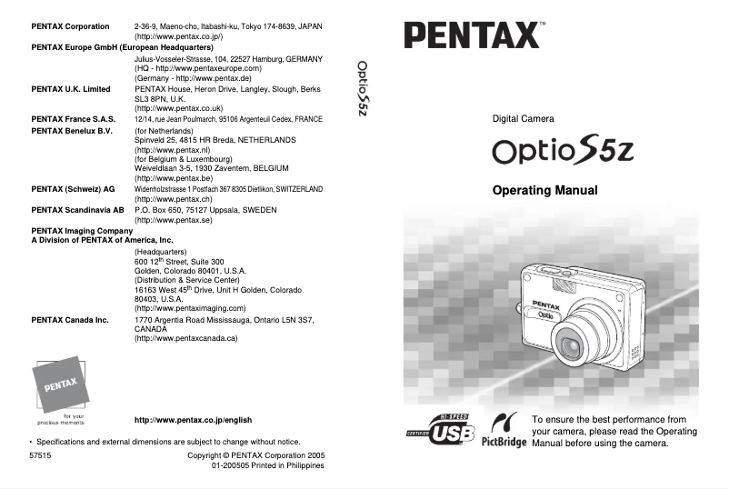 Página 1 del manual Manual de usuario Pentax Optio S5z