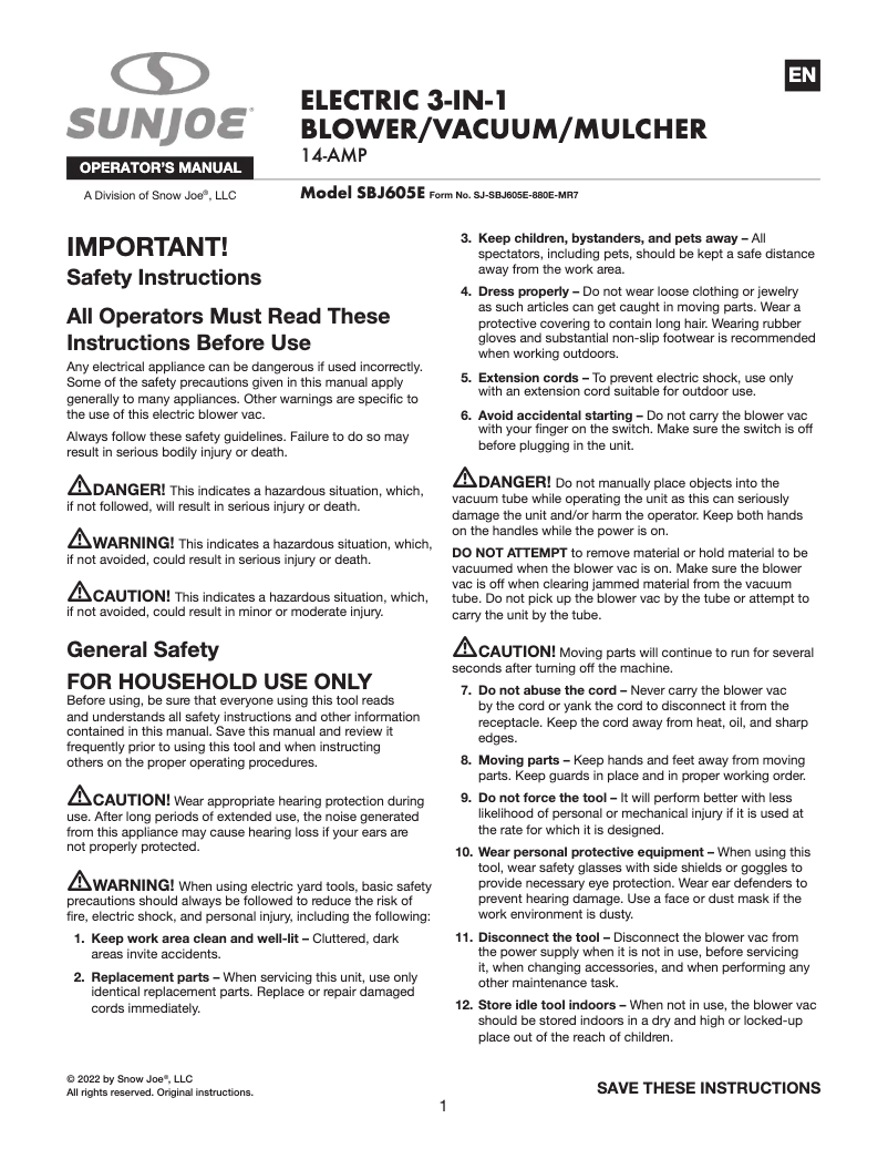 Page 1 de la notice Manuel utilisateur Sun Joe SBJ605E