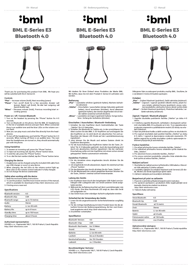 Page n°1 - Manuel utilisateur BML E3