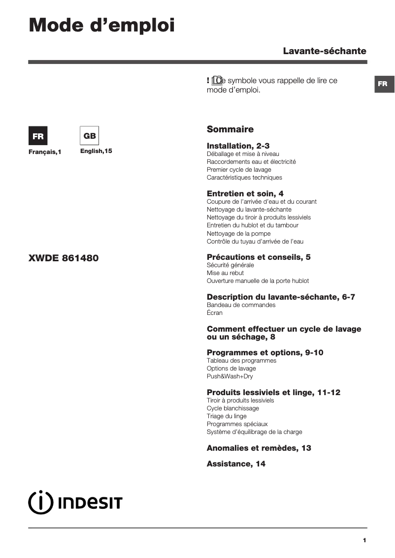 Page n°1 - Manuel utilisateur Indesit XWDE 861480 X W FR