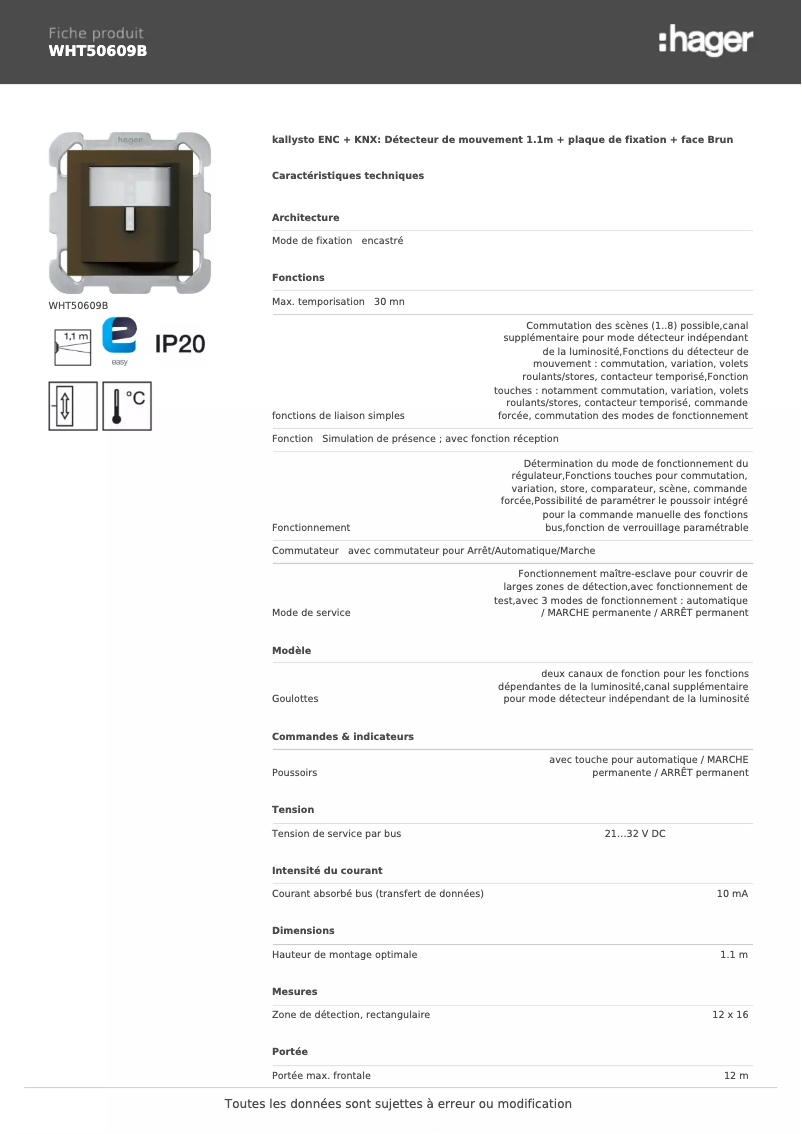 Page n°1 - Fiche technique Hager WHT50609B