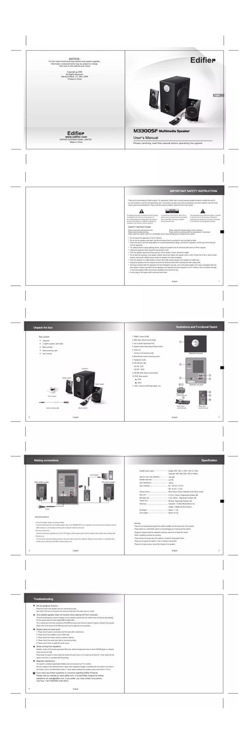 Page 1 de la notice Manuel utilisateur Edifier M3300SF