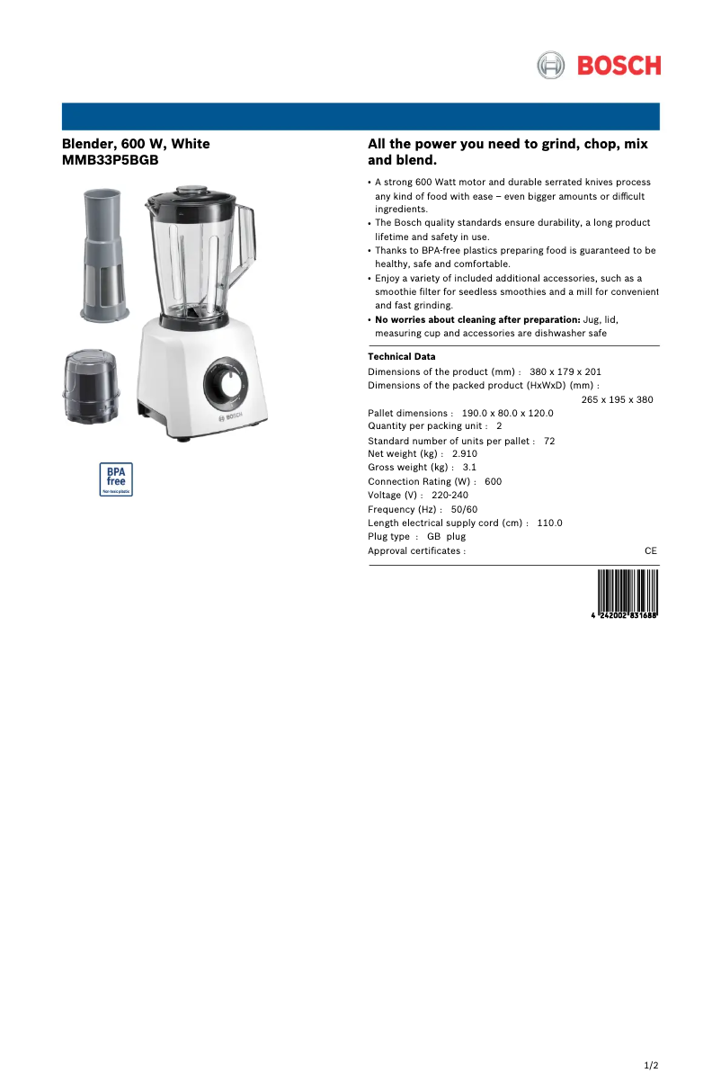 Page 1 de la notice Fiche technique Bosch MMB33P5BGB