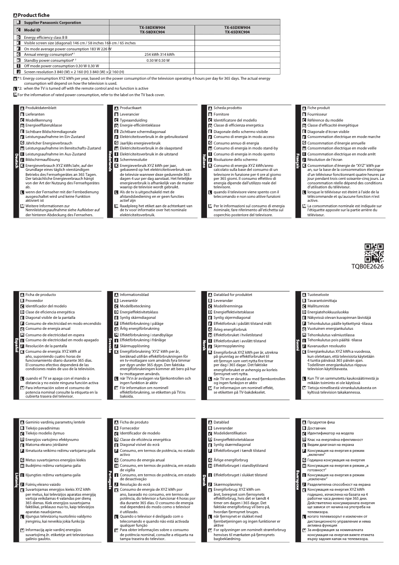 Page 1 de la notice Fiche technique Panasonic TX-65DXW904