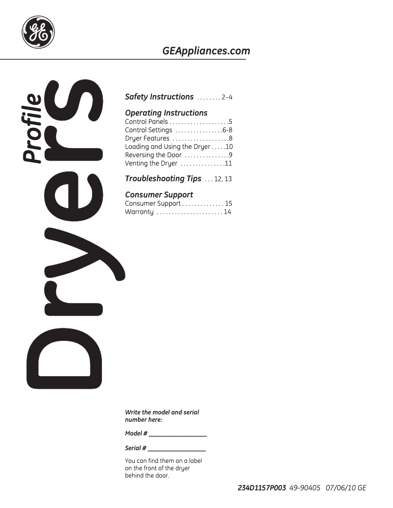 Page n°1 - Manuel d'utilisation et d'entretien GE Profile PTDS650GMWT