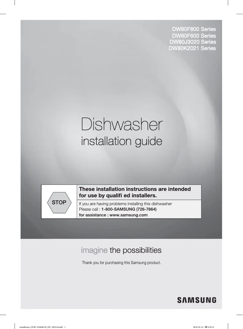 Page n°1 - Guide d'installation Samsung DW80J3020UB