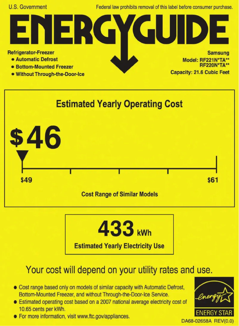 Page 1 de la notice Label énergétique Samsung RF220NCTASR