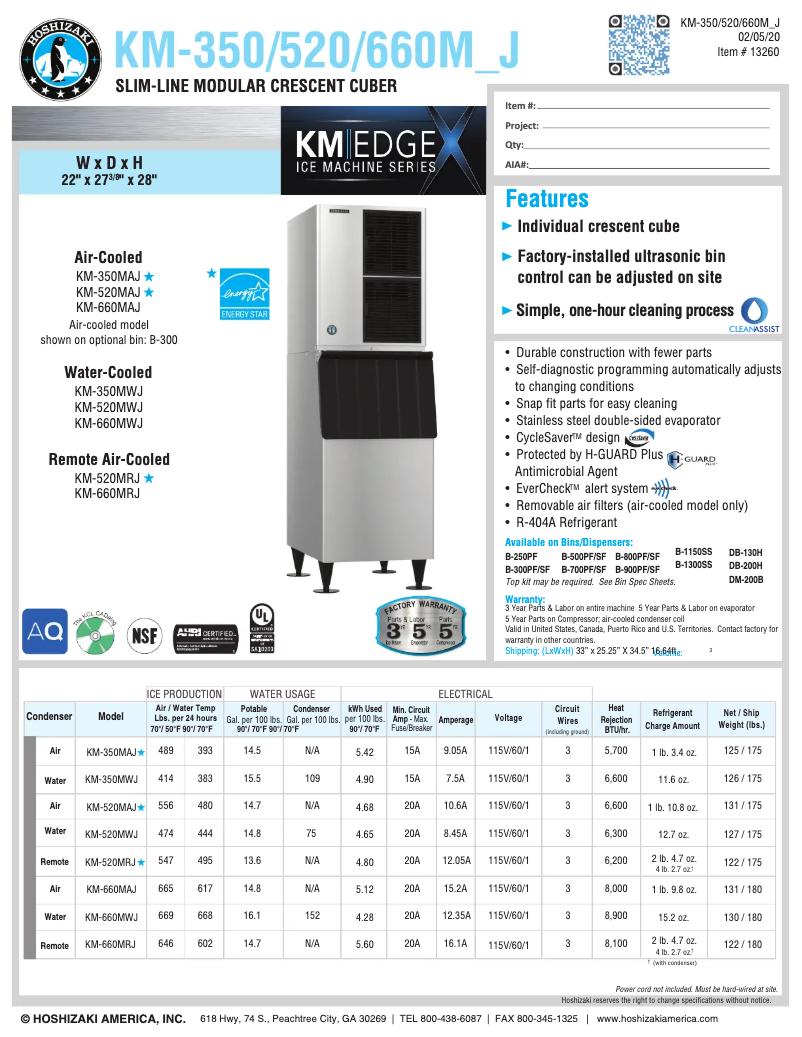 Page 1 de la notice Fiche technique Hoshizaki KM-650MAH