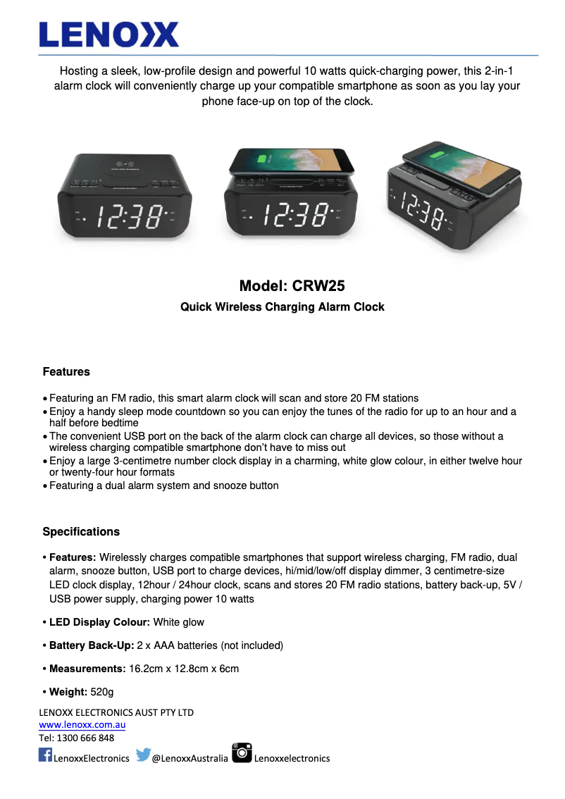 Page 1 de la notice Fiche technique Lenoxx CRW25