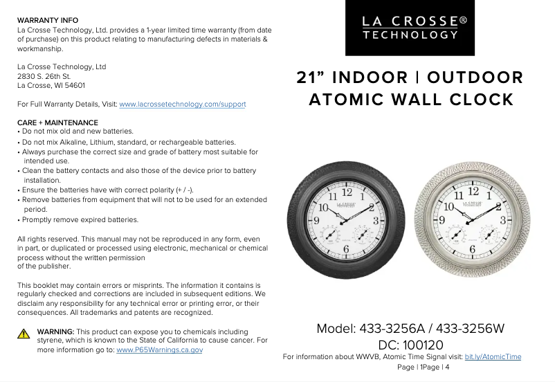 Page 1 de la notice Manuel utilisateur La Crosse Technology 433-3256W