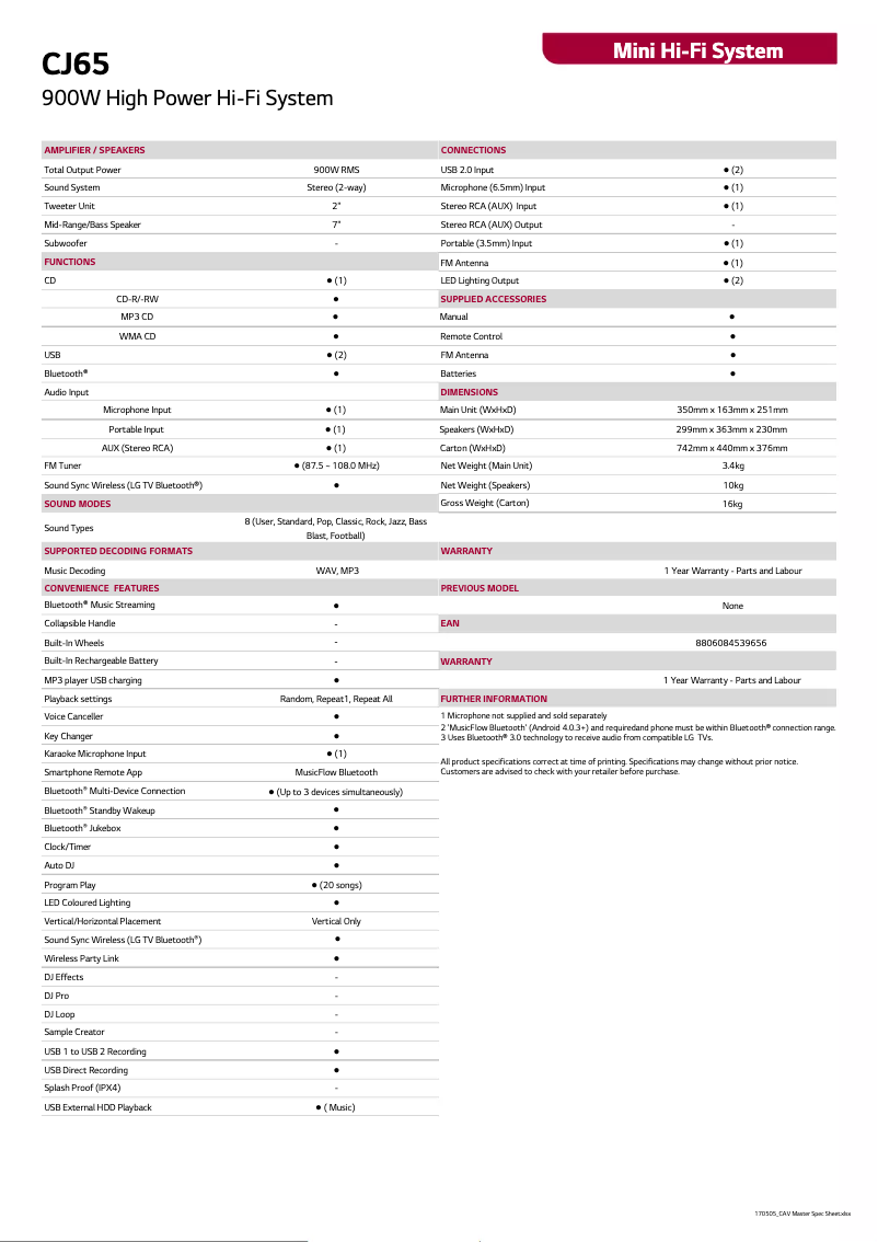 Page 1 de la notice Fiche technique LG CJ65