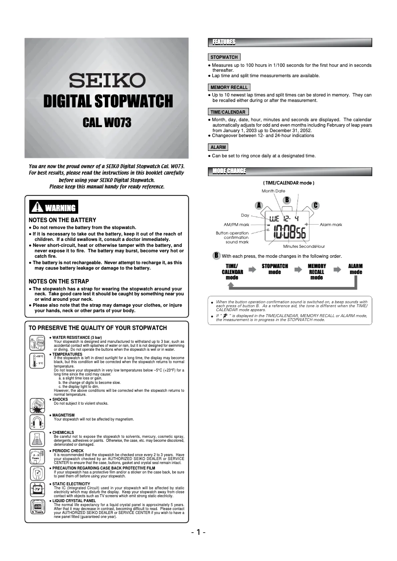 Image de la première page du manuel de l'appareil W073
