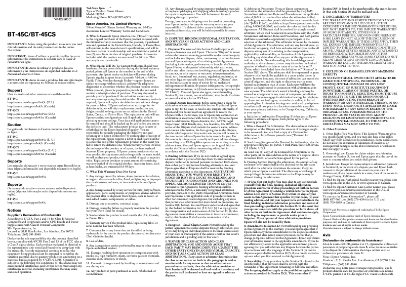 Page 1 de la notice Informations de garantie Epson Moverio BT-45CS
