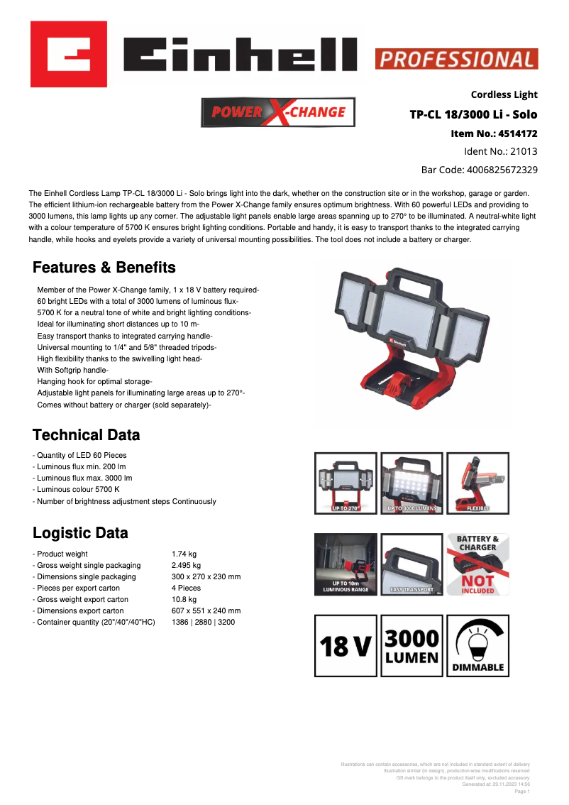 Page 1 de la notice Fiche technique Einhell TP-CL 18/3000 Li