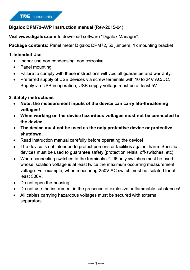 Page n°1 - Manuel utilisateur TDE Instruments Digalox DPM72-AVP
