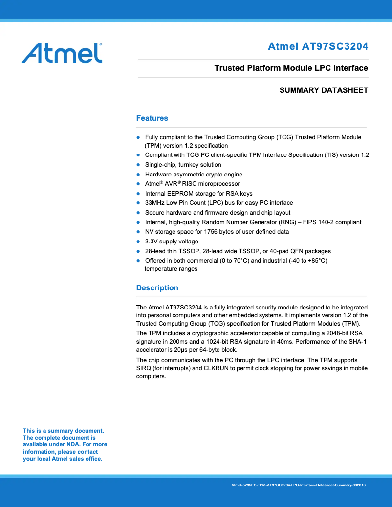 Page 1 de la notice Fiche technique Microchip AT97SC3204