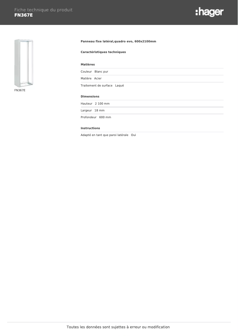 Page 1 de la notice Fiche technique Hager FN367E