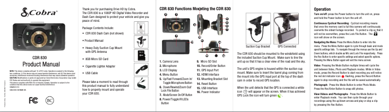 Page 1 de la notice Manuel utilisateur Cobra CDR 830