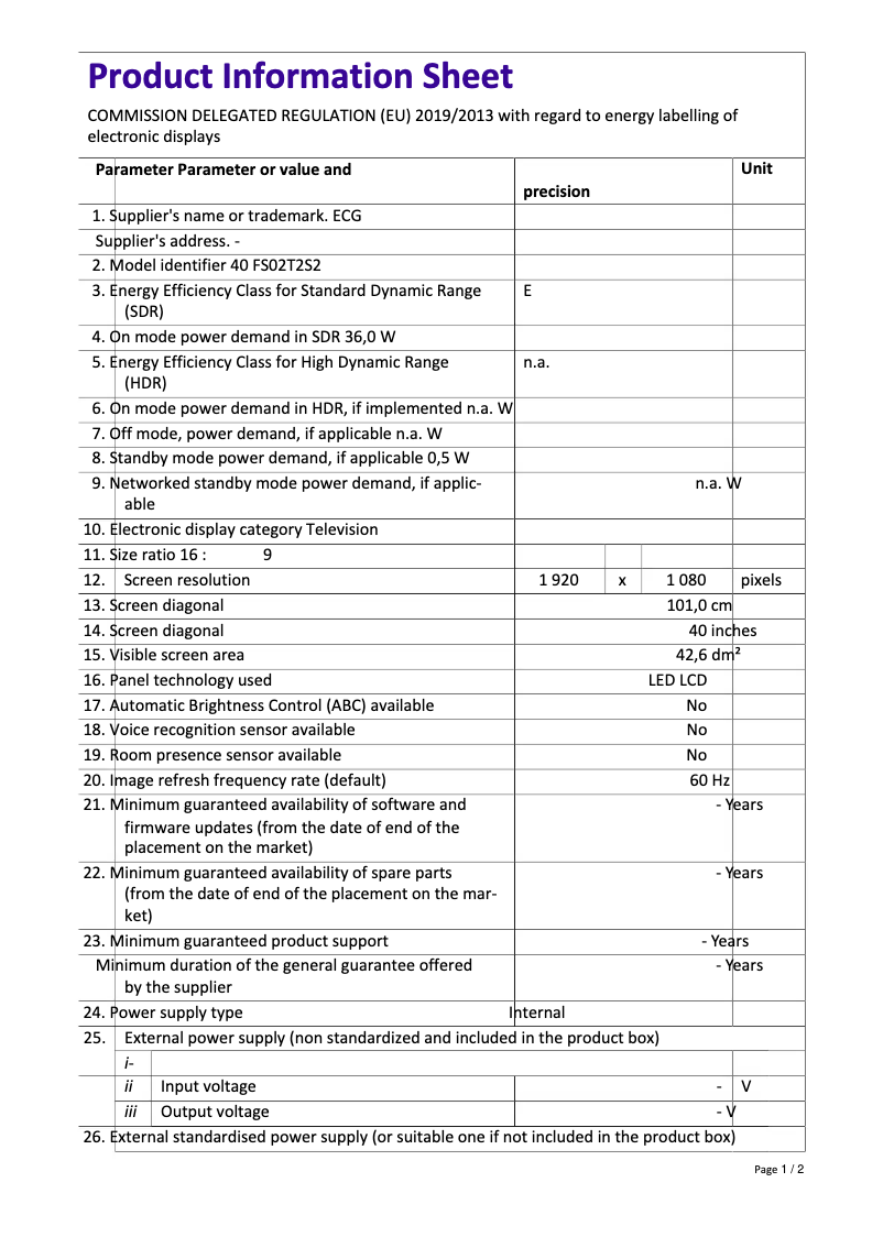 Page 1 de la notice Fiche technique ECG 40 FS02T2S2