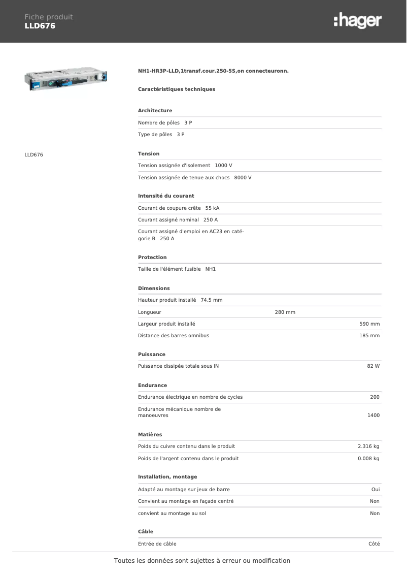 Page 1 de la notice Fiche technique Hager LLD676