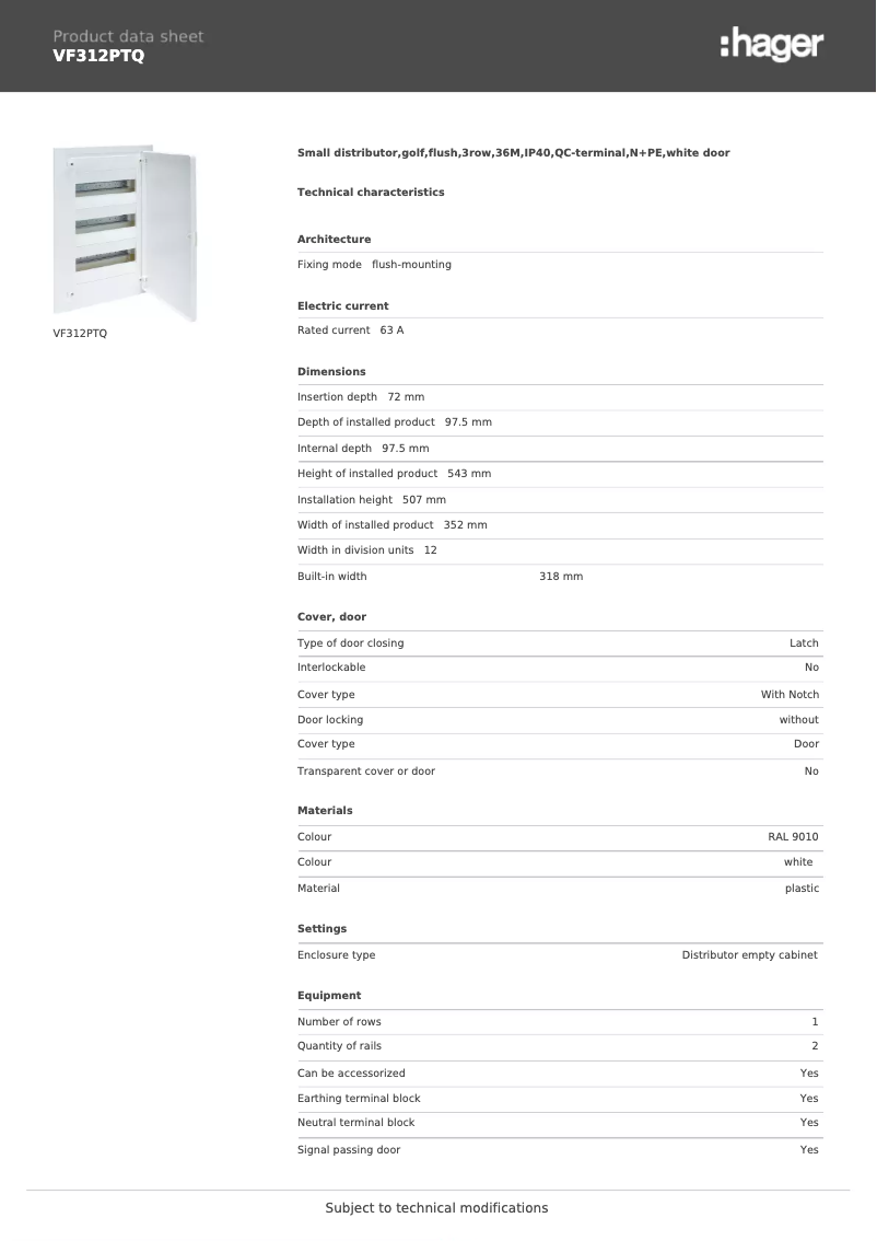 Page n°1 - Fiche technique Hager VF312PTQ